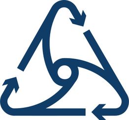 Drei blaue Pfeile in Dreieckform symbolisieren Recycling.