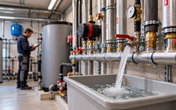 Trinkwasserinstallation mit laufender Spülung und einem Techniker bei der Kontrolle der Leitungen im Hintergrund.