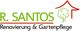 Logo von R. Santos mit Text: Renovierung & Gartenpflege, Baum und Dachsymbol in Grün und Rot.