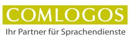 Logo mit grünem Hintergrund: "COMLOGOS, Ihr Partner für Sprachendienste".