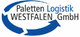 Logo mit Text: "Paletten Logistik WESTFALEN GmbH", umgeben von zwei blauen, kreisförmigen Pfeilen.