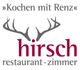 Logo mit Schriftzug „Kochen mit Renz“, Hirsch-Geweih und Text „hirsch restaurant · zimmer“.