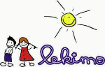 Kinderzeichnung von zwei lachenden Kindern unter einer Sonne, daneben der Schriftzug "lekimo".