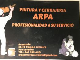 Tarjeta de "Pintura y Cerrajería ARPA" con datos de contacto profesionales.