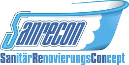 Logo mit Schriftzug "Sanrecon" und einer blauen Badewanne. Text darunter: "Sanitär Renovierungs Concept".