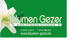 Grünes Schild mit "Blumen Gezer", einer weißen Blume und Kontaktinformationen.