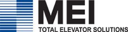 Logo with blue stripes and text: "MEI Total Elevator Solutions".