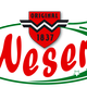 "Weser-Logo mit rotem Schriftzug, 1837-Siegel und grünem Pfeil in ovalem Rahmen."