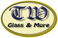 Logo mit blauem Text "TW Glass & More" auf ovalem, gelbem Hintergrund mit gelbem Rand.