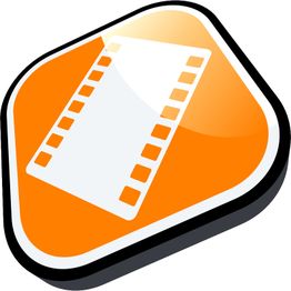 Orange Logo mit weißem Filmstreifen auf sechseckigem Hintergrund.