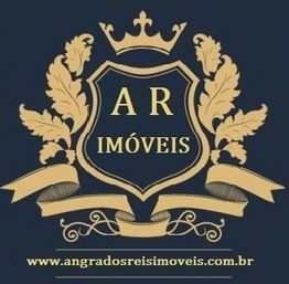 Emblema com folhas e coroa, texto "AR Imóveis" e site "www.angradosreisimoveis.com.br".