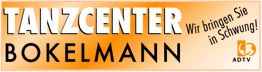 Das Logo vom Tanzcenter Bokelmann auf orangefarbenem Hintergrund. Text: "Wir bringen Sie in Schwung!"