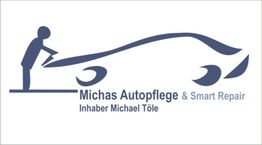 Schattenfigur putzt Auto, Text: "Michas Autopflege & Smart Repair. Inhaber Michael Tölle".