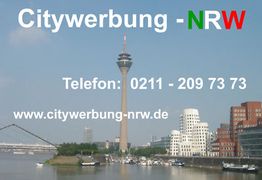Skyline von Düsseldorf mit Fernsehturm, dazu Kontaktinfo für Citywerbung-NRW.