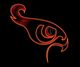 Stylized neon hawk head in red and orange on a black background.