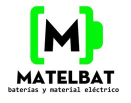 Logotipo de Matelbat con una M en un icono de batería verde. Texto: "baterías y material eléctrico".