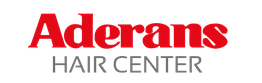 Logo van Aderans Hair Center met rode tekst.