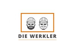 Zwei Arbeiter-Icons mit Helmen und Sonnenbrillen, darunter der Text "Die Werkler".