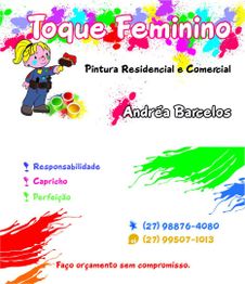 Cartão colorido de pintura com dados de contato e nome "Toque Feminino - Andréa Barcelos".