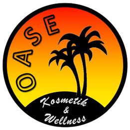 Logo mit Palmen, "OASE" oben, "Kosmetik & Wellness" unten, Sonnenuntergangshintergrund.
