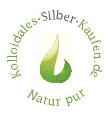 Logo mit grünem Blatt und Kreistext: "Kolloidales-Silber-Kaufen.de, Natur pur".
