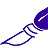 Blau-weißes Icon eines Pinsels, der nach rechts zeigt, auf weißem Hintergrund.