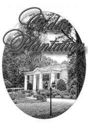 Vintage-style illustration of a grand house with columns and trees, labeled "Cedar Plantation."