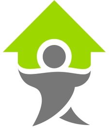 Graues Symbol einer Figur mit grünem Hausdach als Kopf.