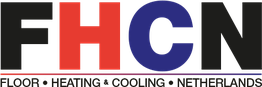 Logo met tekst "FHCN" en ondertitel "Floor Heating Cooling Netherlands" in rood en blauw.