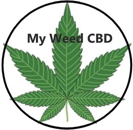 Feuille de cannabis verte avec texte "My Weed CBD".