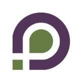 Abstract purple and green geometric logo design on a white background.