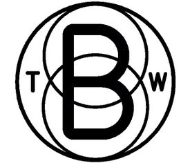 Schwarz-weißes Logo mit einem großen "B" in der Mitte, umgeben von Kreisen und den Buchstaben "T" und "W".