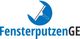 Logo mit einem Abzieher und dem Text "FensterputzenGE" in blauer und schwarzer Schrift.
