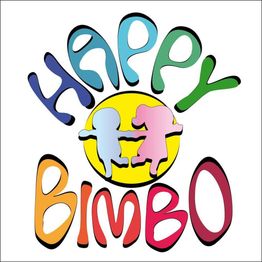 Illustrazione colorata con scritta "Happy Bimbo" e due sagome di bambini danzanti su sfondo giallo.