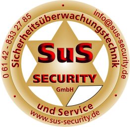 Rundes Logo von SuS Security GmbH mit Kontaktinformationen und Website in Rot und Gold.