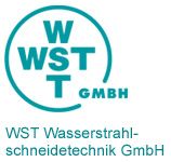 Logo der WST Wasserstrahlschneidetechnik GmbH, mit blauen Buchstaben und einem Kreis.
