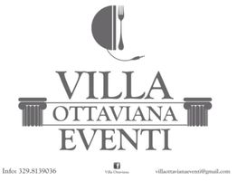 Logo di Villa Ottaviana Eventi con colonne e contatti email e telefono in basso.
