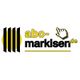 Logo mit gelber Sonne, Streifen, Schriftzug "abc-markisen.de" und Handzeiger.