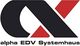 Logo von alpha EDV Systemhaus, schwarz-rotes Design mit stilisiertem Buchstaben.