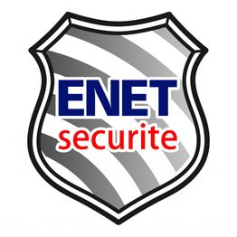 Escudo com listras cinzas e logo "ENET securite" em azul e vermelho.