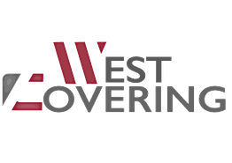 Logo avec texte "West Covering", accents rouges et noirs.