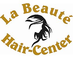 Logo des La Beauté Hair-Centers mit stilisiertem Frauenkopf in der Mitte.