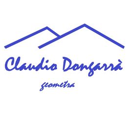 Logo con due linee a forma di tetto e testo "Claudio Dongarrà geometra" in blu.