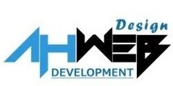 Logo met tekst "AH Web", "Design", "Development" in blauw en zwart.