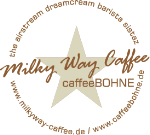 Logo mit stilisiertem Stern und Text "Milky Way Caffee" und "caffeeBOHNE".