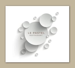 Logo du restaurant "Le Pastel" avec des cercles gris en relief sur fond blanc.