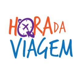 Texto colorido "Hora da Viagem" com um relógio roxo ao lado.