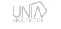Logo de "UNIA Arquitectos" con diseño geométrico y letras grises sobre fondo blanco.