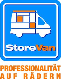 Logo mit Van-Symbol, Text: "StoreVan" und "Professionalität auf Rädern", in Blau und Orange.