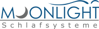 Logo von "Moonlight Schlafsysteme" mit Halbmond und stilisiertem Bettenmotiv.